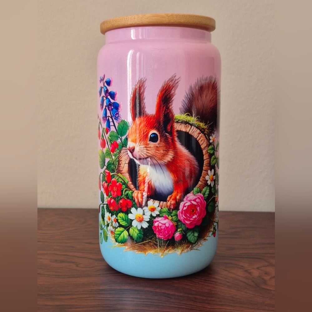 🪻3/$25 Squirrels cartoon pink blue glitter glass tumbler, lid, reusable Straw